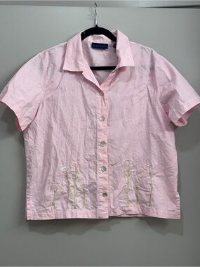 Karen Scott Pink Linen Floral Embroidered Top Coastal Cottagecore